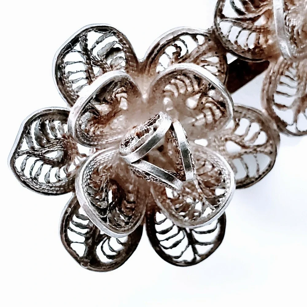 Vintage Sterling Silver Mexico Trio Filigree Design Rosebud Brooch Pin